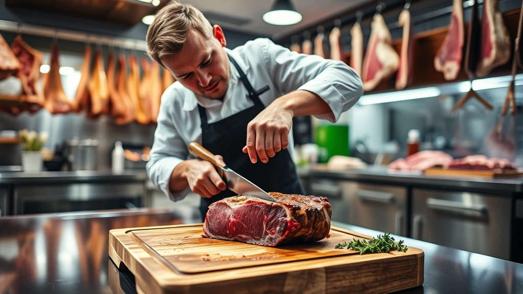 Professional butcher in white coat expertly trimming premium beef ribeye steak on wooden cutting board, focused concentration, well-lit butcher shop interior with stainless steel counters and hanging meat displays in background