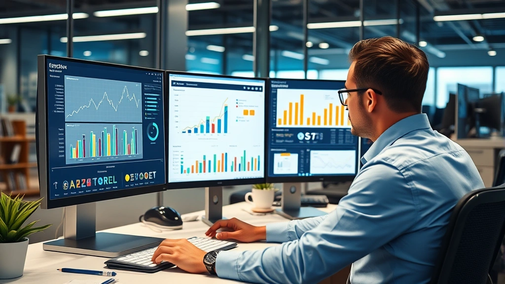 Professional education market analyst reviewing growth charts and market segmentation data on multiple computer monitors in modern corporate office environment