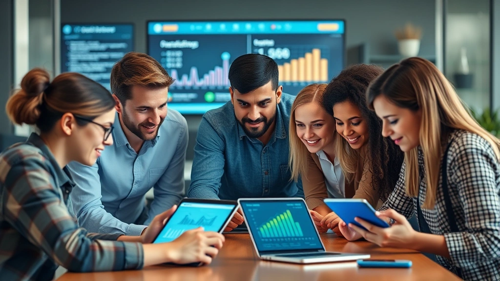 Diverse group of professionals and students collaborating on digital learning platform across multiple devices showing interactive educational content and engagement metrics