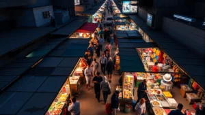 Overhead view of bustling night market with vendor stalls illuminated by warm lighting, customers browsing colorful merchandise displays, food vendors preparing dishes, evening urban atmosphere