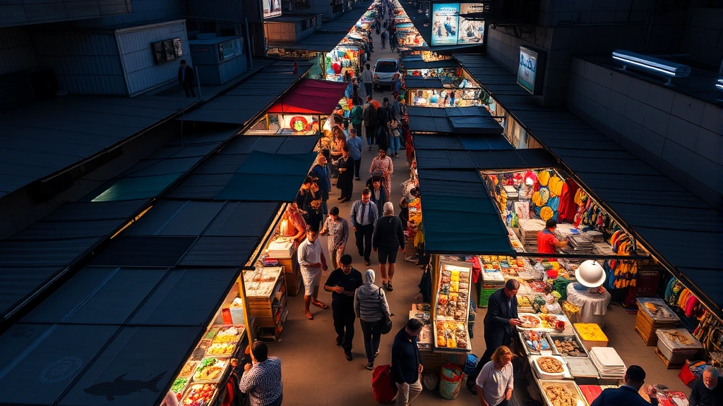 Overhead view of bustling night market with vendor stalls illuminated by warm lighting, customers browsing colorful merchandise displays, food vendors preparing dishes, evening urban atmosphere
