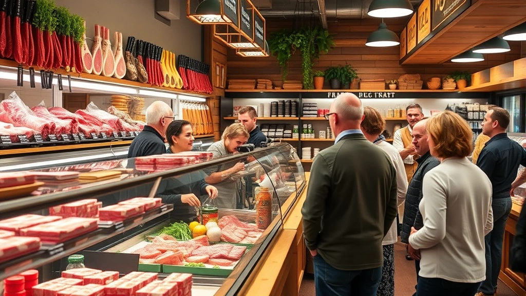 Diverse customers browsing fresh meat display cases at specialty butcher shop, examining products, talking with staff member behind counter, welcoming community atmosphere