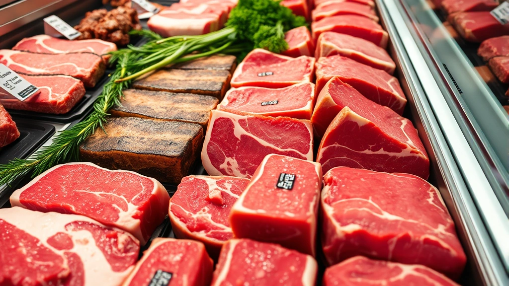 Close-up of premium fresh meat cuts arranged in refrigerated display case, including various steaks and roasts, professional butcher shop presentation, appetizing arrangement