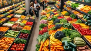 Professional overhead shot of diverse fresh produce display in grocery store with colorful vegetables and fruits arranged neatly on shelves, bright natural lighting highlighting quality and freshness, shoppers browsing in background