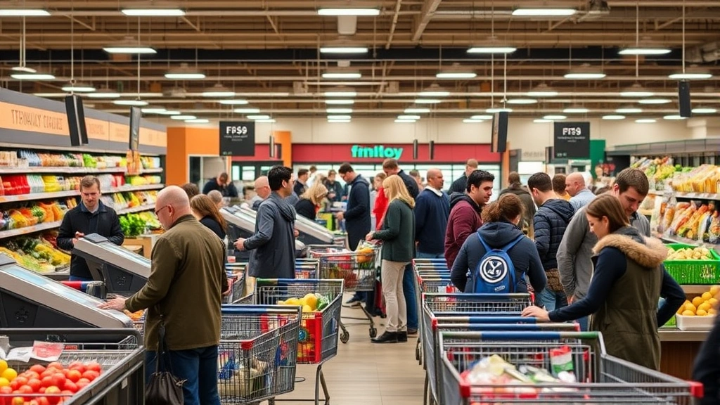 Busy grocery store checkout area with multiple cashiers processing transactions, diverse customers with shopping carts, warm lighting creating welcoming atmosphere, modern point-of-sale terminals visible