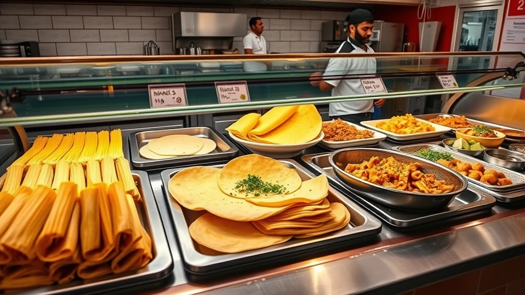 Authentic prepared foods counter display showing freshly made tamales, tortillas, and traditional Latin American dishes in warming cases, skilled food preparation staff visible, appetizing professional presentation