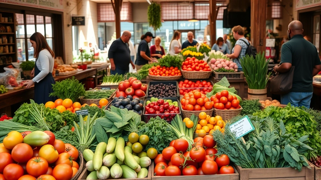 Vibrant farmers market display with fresh colorful produce—organic vegetables, heirloom tomatoes, local herbs arranged in wooden crates and baskets, natural lighting from store windows, diverse customers shopping and selecting items