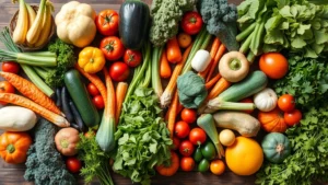 Overhead shot of organic fresh vegetables and produce arranged on wooden display table with natural lighting, farmer's market aesthetic, vibrant colors, no signage visible