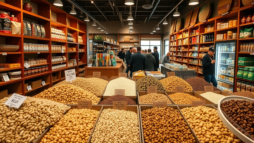 Interior of natural foods market showing bulk bins with grains, nuts, and legumes, wooden shelving, warm lighting, customers browsing in background, community-focused atmosphere