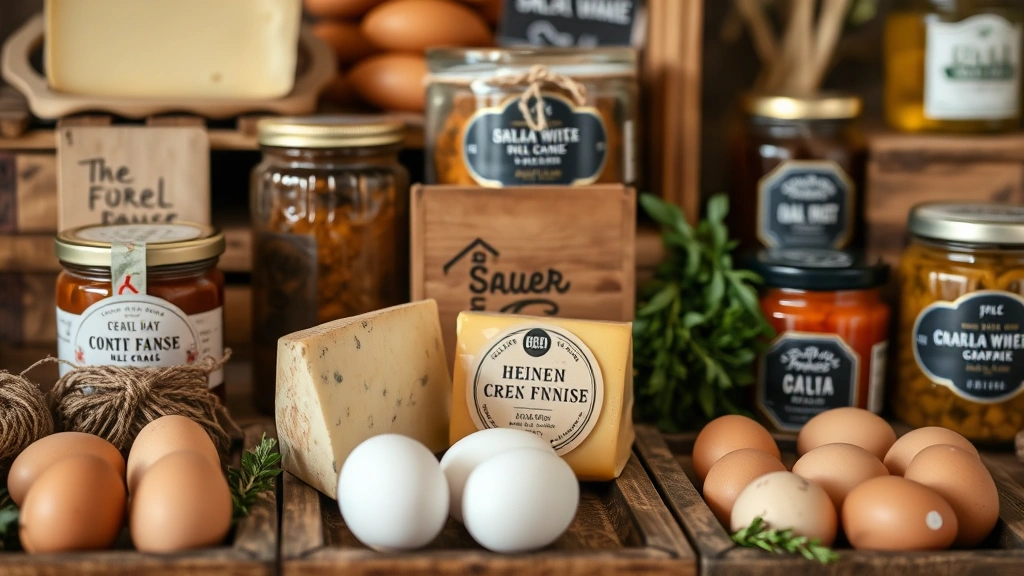 Close-up of local farm products display including artisanal cheese, fresh eggs, and jarred goods from regional producers, rustic wooden crates, professional food photography style