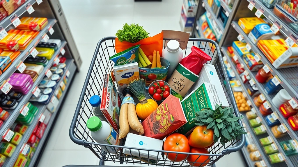 Overhead view of grocery shopping cart filled with fresh produce, packaged goods, and household items in a bright, modern supermarket aisle with promotional signage visible