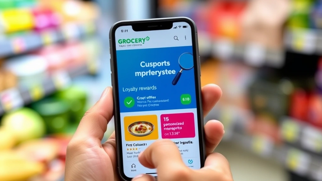 Close-up of smartphone displaying grocery store mobile app with digital coupons, loyalty rewards, and personalized offers on screen in customer's hands