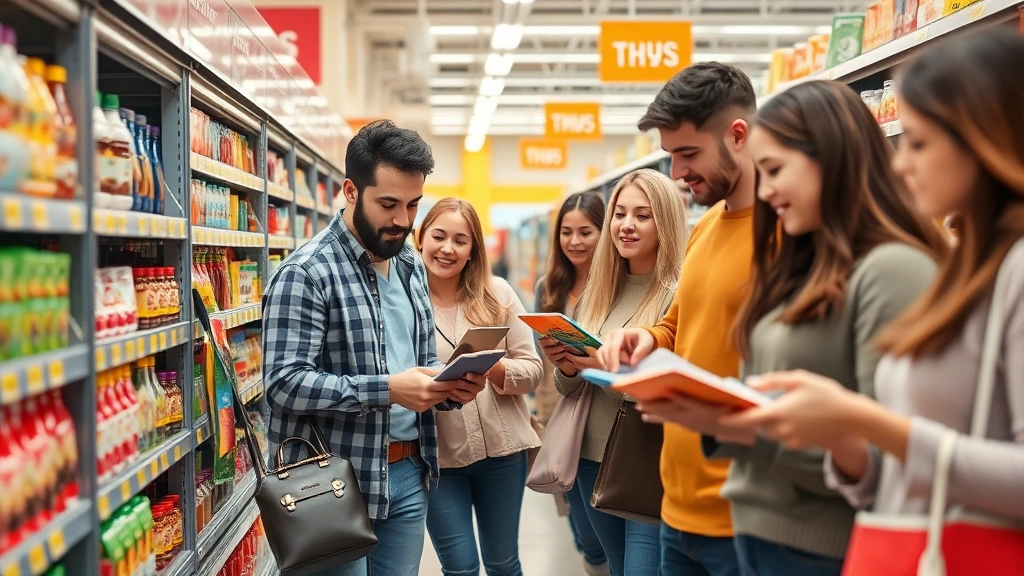 Diverse group of shoppers comparing products in supermarket aisle, examining price tags and packaging, representing different demographics and shopping behaviors