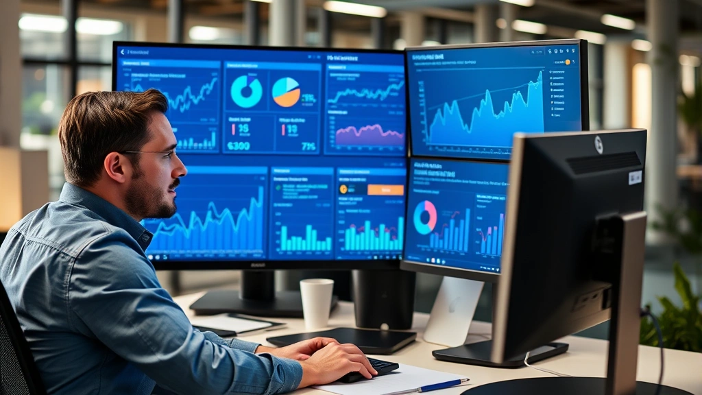 Professional email marketer analyzing campaign metrics on multiple monitors in modern office setting, displaying charts and performance dashboards, focused and engaged expression