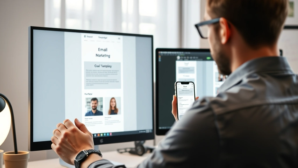 Email marketing professional reviewing email template design on computer screen with responsive design mockups displayed, showing mobile and desktop versions side-by-side