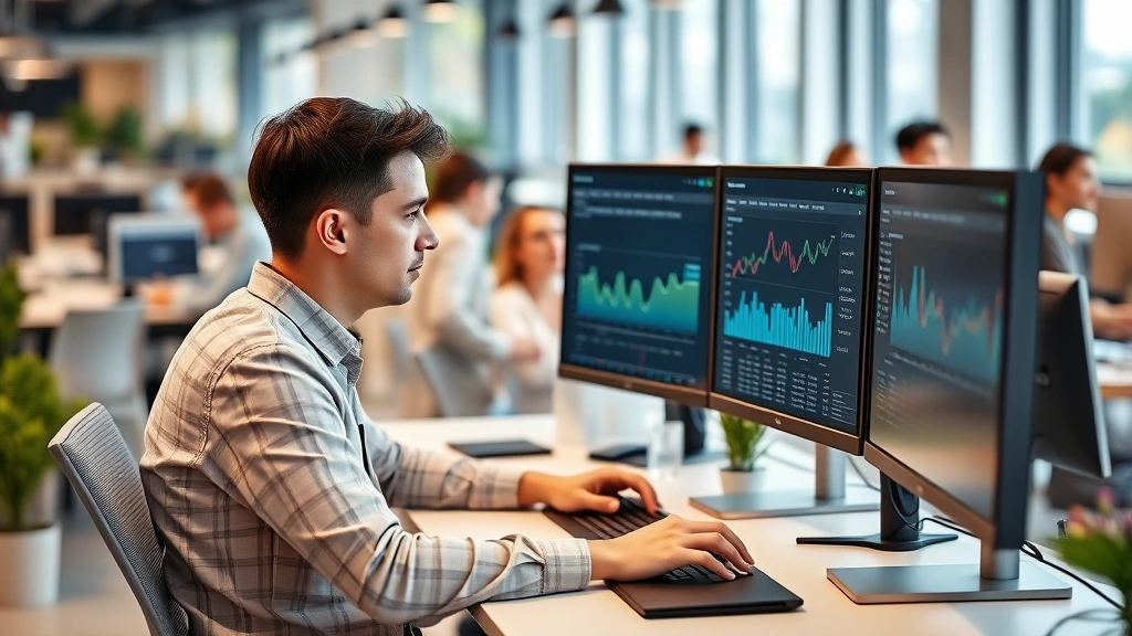 Young professional working at modern marketing agency desk with multiple computer monitors displaying analytics dashboards and social media metrics, collaborative office environment with diverse team members in background