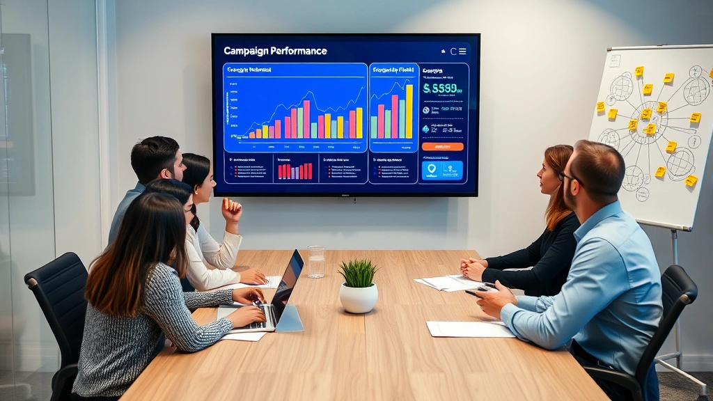 Business professionals in marketing meeting room reviewing campaign performance data on large screen, with sticky notes and strategy diagrams on whiteboard, professional collaborative atmosphere