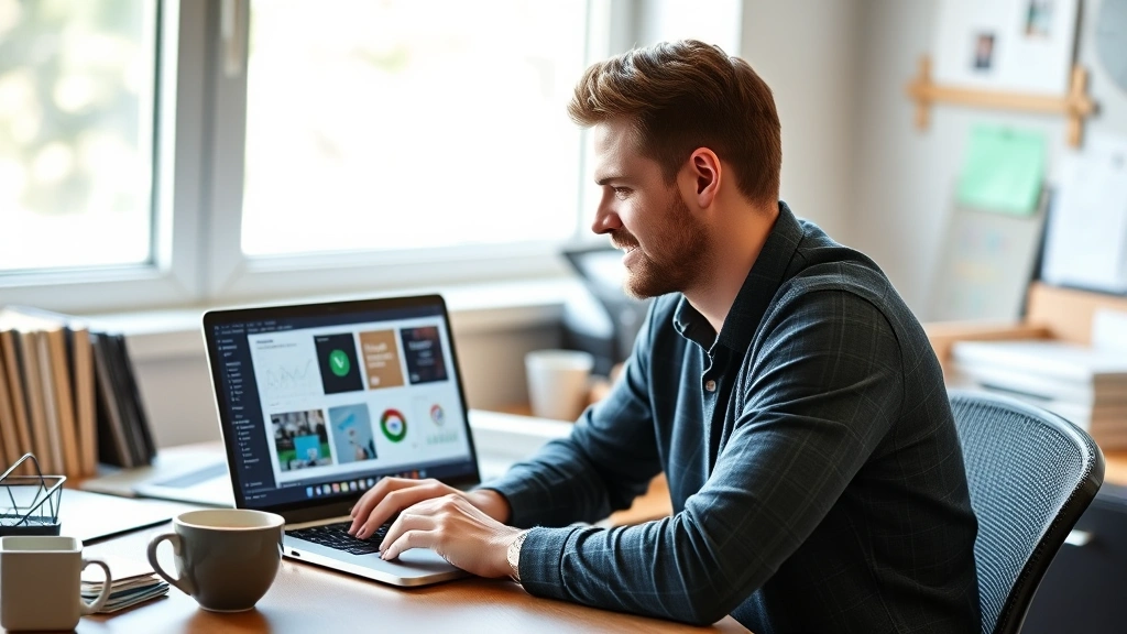 Entry-level marketer at desk with laptop showing digital marketing tools interface, coffee cup nearby, natural window lighting, focused work environment with marketing materials visible