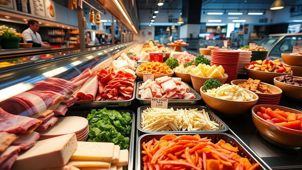 Professional deli counter display with fresh sliced meats, aged cheeses, and prepared salads in glass cases, customer-focused perspective, bright retail lighting, high-quality food presentation