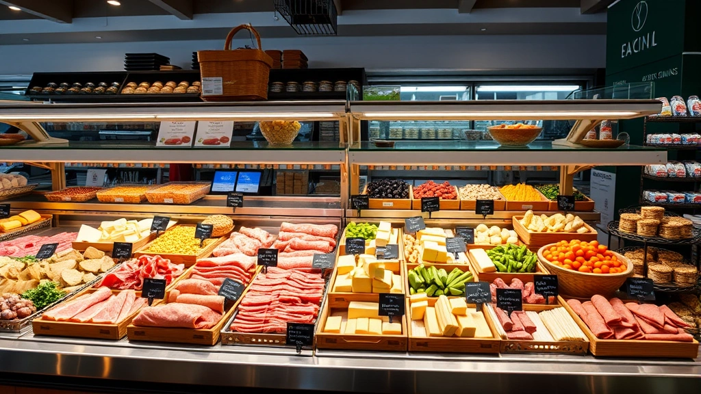Fresh deli counter with sliced meats, cheeses, and prepared food items displayed in professional glass cases, artisanal presentation, organized layout, inviting retail environment