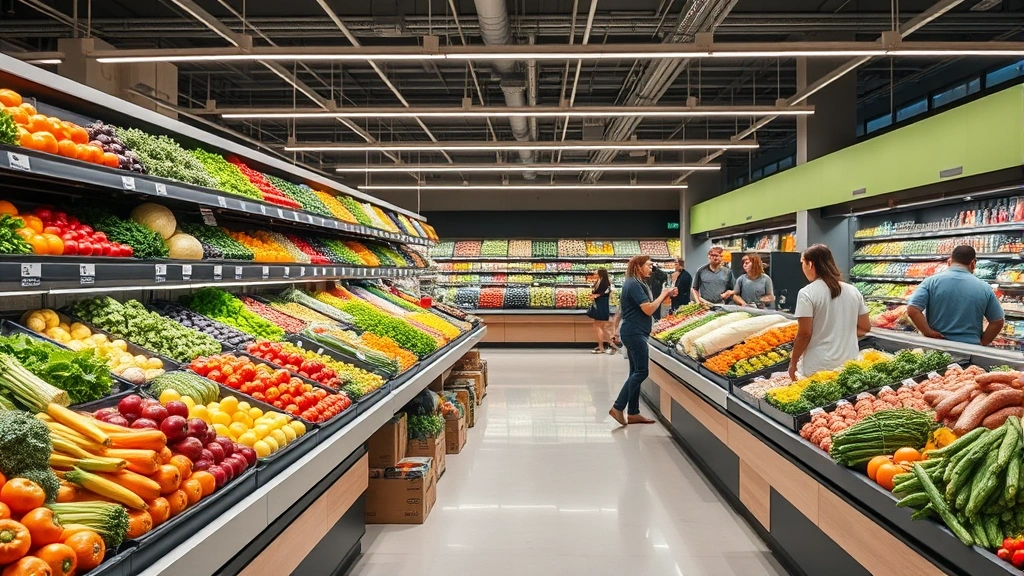 Professional photograph of a modern grocery store produce section with colorful fresh vegetables, fruits, and natural lighting, customers browsing, clean display tables, no signage or text visible