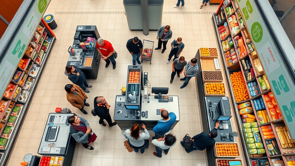 Overhead view of grocery store checkout area with friendly cashier and customers, modern registers, well-lit space, diverse shoppers, warm retail environment, no store branding or receipts