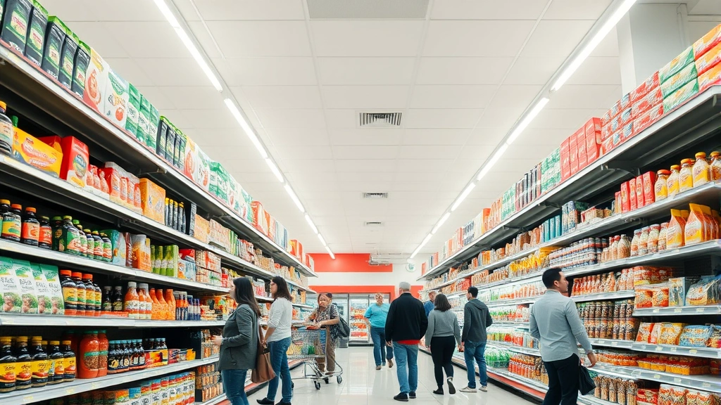 Wide angle shot of bright, organized grocery store aisles with full product shelves, diverse customers shopping, professional lighting, clean floors, friendly atmosphere, no visible price tags or signage
