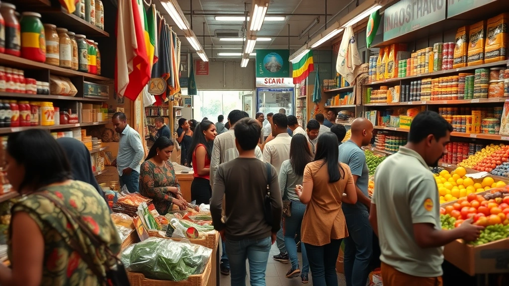Busy Ethiopian market interior with diverse customers shopping, shelves stocked with packaged goods and fresh produce, staff assisting customers, warm community gathering atmosphere, diverse demographic representation