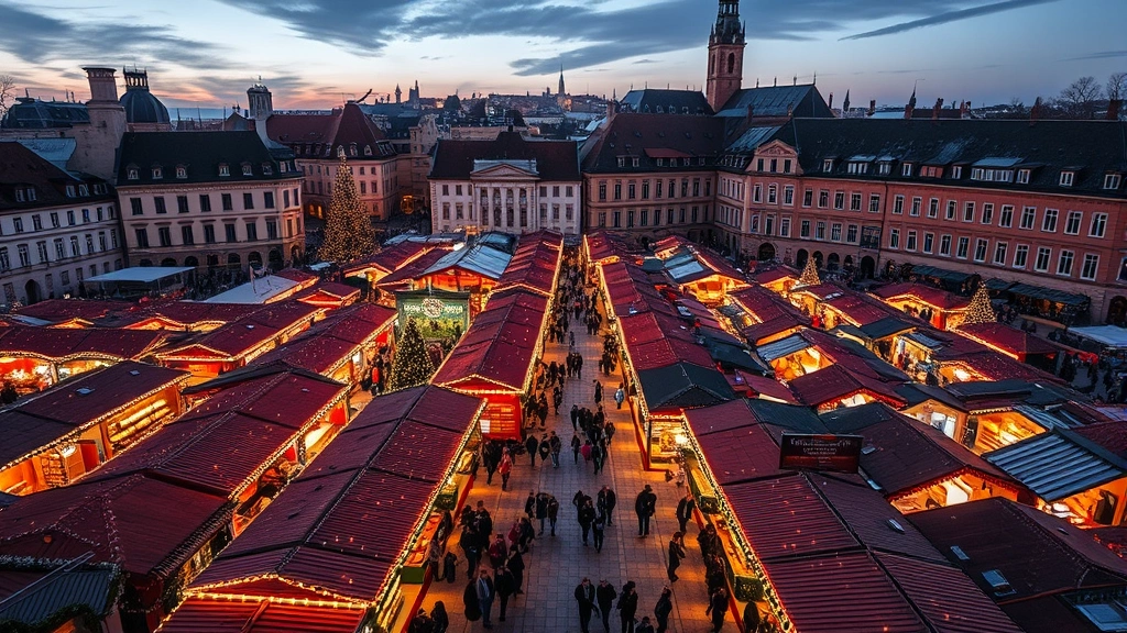 Aerial view of expansive European Christmas market with hundreds of illuminated wooden vendor stalls, twinkling lights overhead, crowds of shoppers walking between rows, historic stone buildings visible in background, evening twilight setting, festive atmosphere with garland and decorations