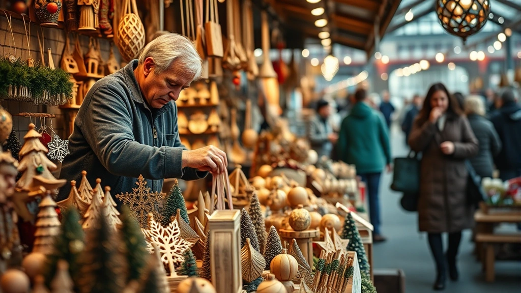 Close-up of artisan vendor displaying handcrafted wooden Christmas ornaments and decorative items at market stall, vendor arranging merchandise, warm lighting, merchandise variety visible, customers browsing in soft-focused background, authentic craftwork details prominent