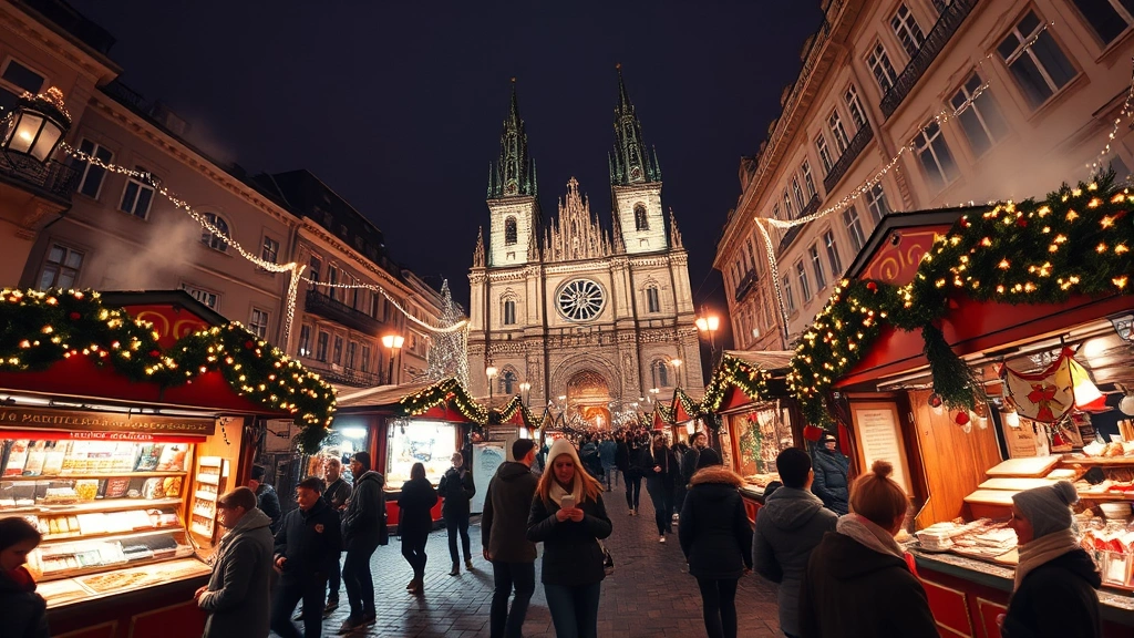 Wide-angle photograph of crowded Christmas market square at night with illuminated cathedral or historic building backdrop, festive lights strung across marketplace, vendor stalls with warm glowing interiors, visitors shopping and walking, steaming hot beverage cups visible, winter evening ambiance