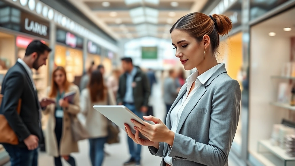 Professional female retail manager analyzing market data on tablet in modern European shopping center, surrounded by diverse customers browsing products, natural lighting, contemporary business attire