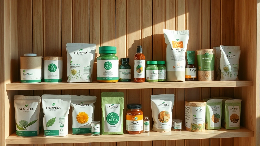 Sustainable product display with eco-friendly packaging, recycled materials, and certification labels, organized on minimalist wooden shelving with soft natural light highlighting quality and environmental commitment