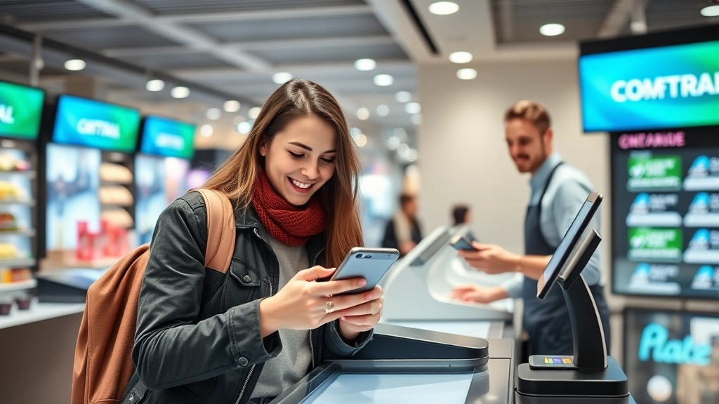 Tech-savvy young European consumer making mobile payment at checkout counter using smartphone with contactless technology, cashier smiling in background, modern retail environment with digital displays