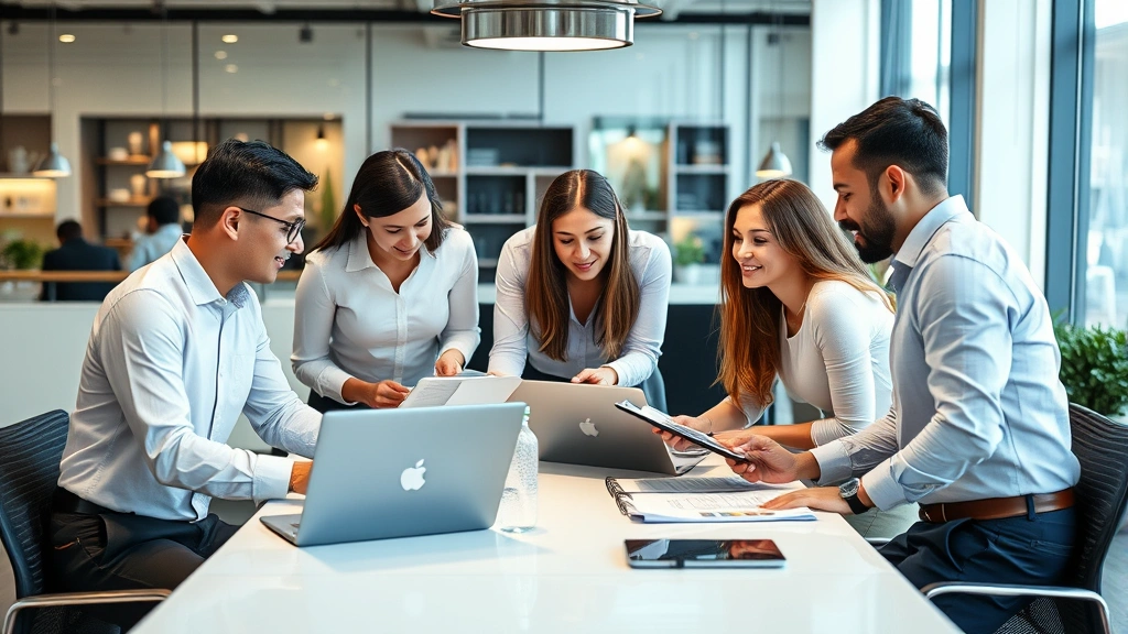 Diverse team of retail professionals collaborating around conference table with laptop, tablets, and reports, discussing strategy with engaged expressions, modern corporate office setting