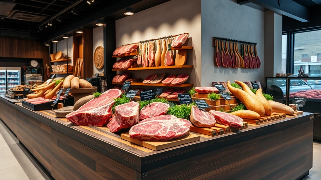 Premium butcher shop display with exotic meat cuts including venison, bison, and kangaroo steaks arranged on dark wooden counter with professional lighting, clean modern retail environment