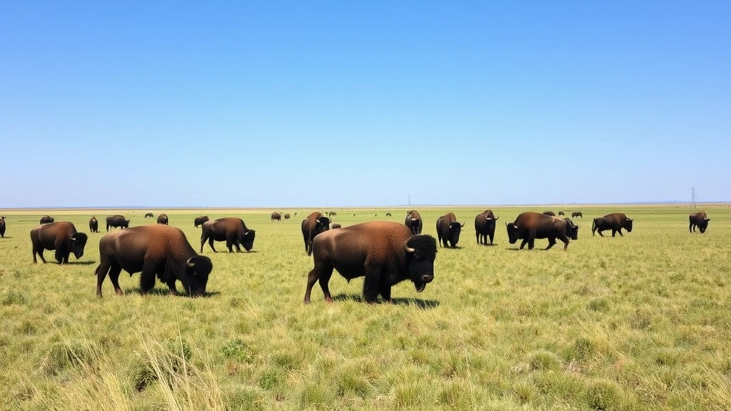 Sustainable farm landscape with bison herd grazing on open prairie grassland under clear sky, representing ethical exotic meat production and conservation practices