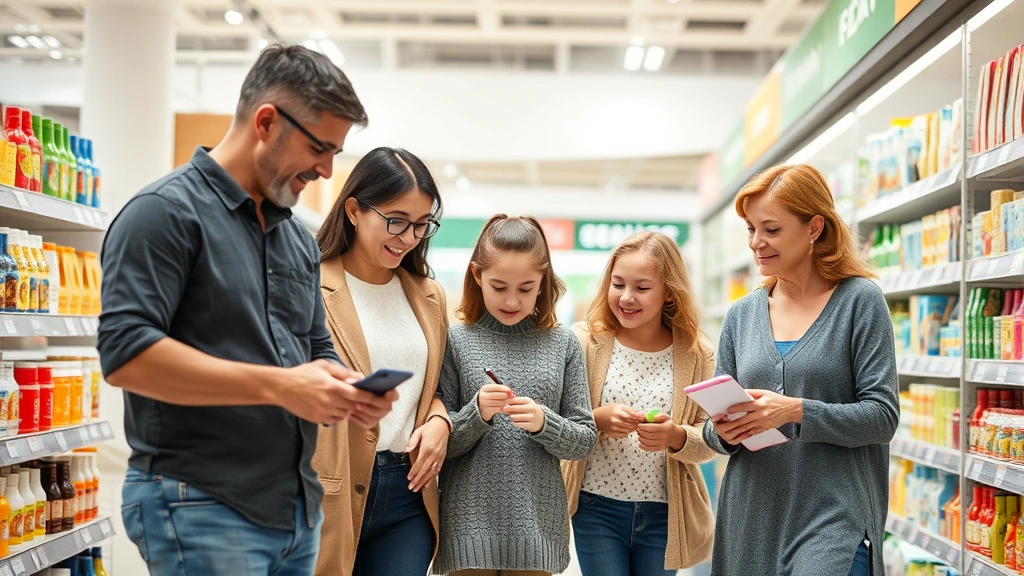 Multi-generational family shopping together in modern retail environment, parents and children selecting products from shelves, bright store lighting, natural diverse family group, realistic commercial setting