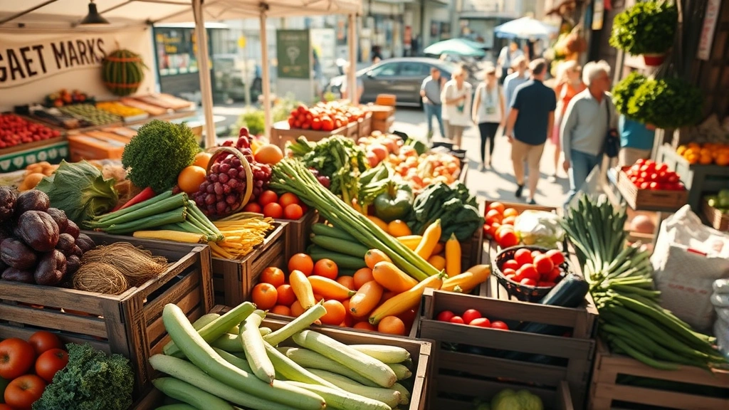 Overhead view of a vibrant farmers market booth with fresh organic produce arranged in wooden crates and colorful baskets, bright morning sunlight, customers browsing in soft focus background