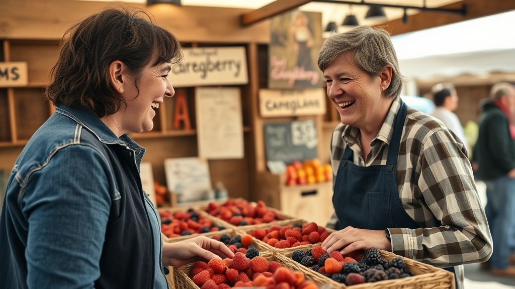 Close-up of a farmers market vendor enthusiastically discussing fresh berries with a customer, genuine smiling interaction, rustic wooden booth with handwritten signs, natural daylight
