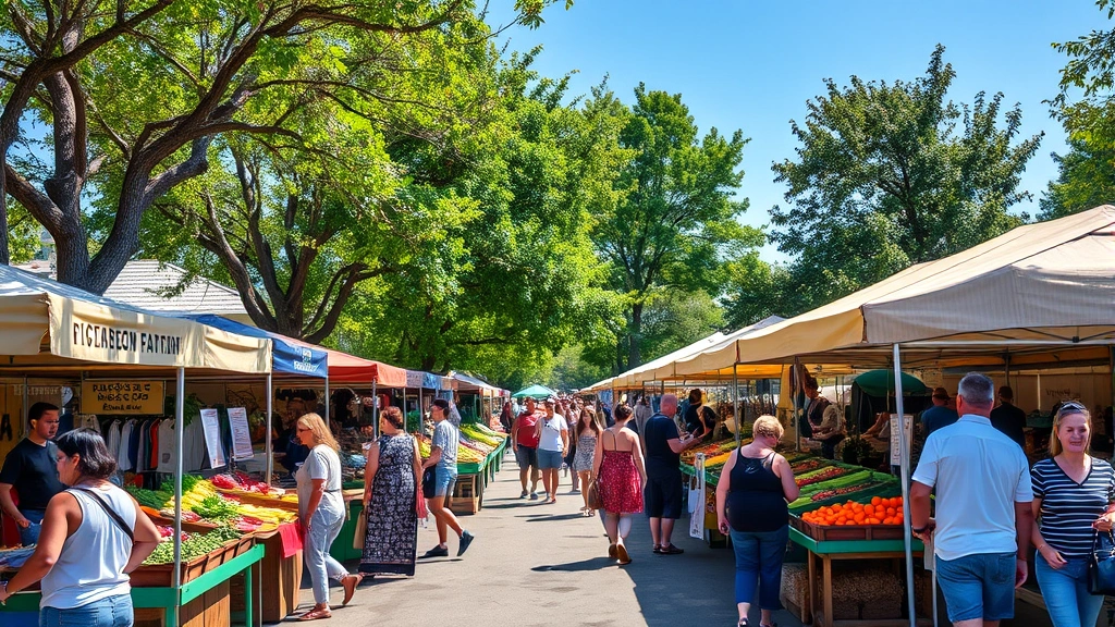 Wide shot of a bustling farmers market on a sunny Saturday morning with multiple vendor booths, diverse customers shopping, trees providing shade, colorful produce displays and umbrellas visible