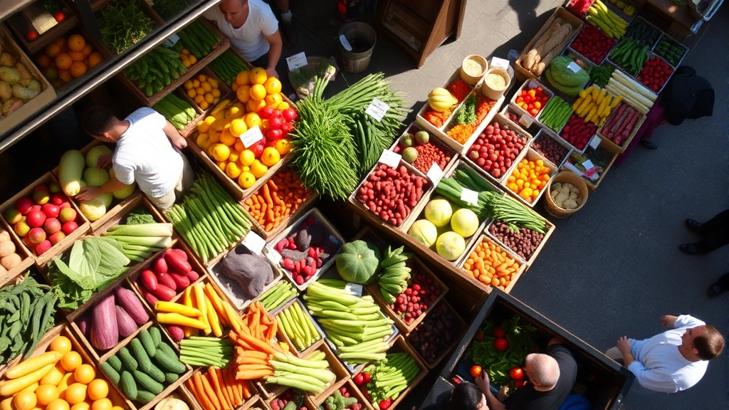 Overhead view of vibrant farmers market stall with diverse fresh produce arranged in wooden crates and baskets, customers browsing, morning sunlight casting shadows, busy Saturday market scene
