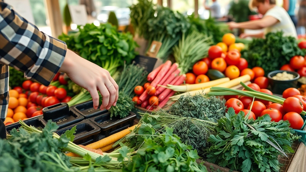 Close-up of vendor hands arranging colorful organic vegetables and herbs at farmers market booth, customer reaching to select items, natural lighting, commerce in action