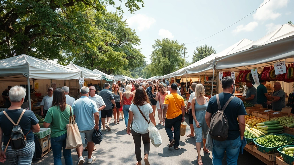 Wide angle of farmers market crowd with multiple vendor stalls, shoppers with reusable bags, fresh produce displays, trees providing shade, community gathering atmosphere, daytime