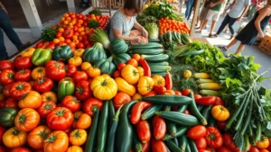 Overhead view of colorful fresh produce arranged at a farmers market stall, including heirloom tomatoes, peppers, zucchini, and greens with a vendor arranging items. Natural morning light, busy market atmosphere in background, realistic photography.