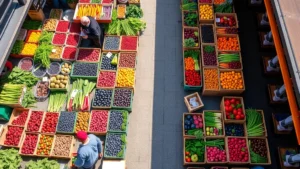 Overhead shot of colorful farmers market produce stalls with fresh vegetables, berries, and fruits displayed in wooden crates and baskets, customers shopping, natural daylight, vibrant community atmosphere, no signage visible