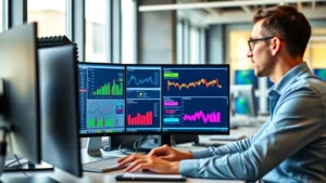 Professional business team analyzing data on multiple computer monitors in a modern office, focused expressions, colorful charts and graphs visible on screens, natural daylight from windows, collaborative workspace setting