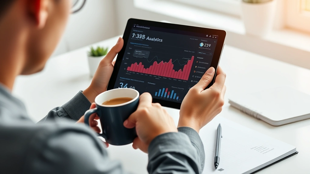 Person reviewing social media analytics dashboard on tablet device while holding coffee cup, sitting at minimalist desk with notebook, bright contemporary office environment, analytical mindset captured