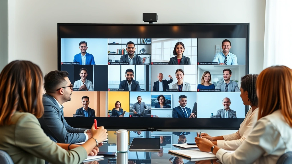 Diverse group of business professionals in video conference call on large screen, remote collaboration, various locations visible, modern communication technology, engaged participants taking notes