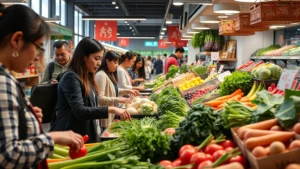 Diverse shoppers selecting fresh Asian produce in modern market setting, hands choosing vegetables, natural lighting, vibrant colors of specialty items on display